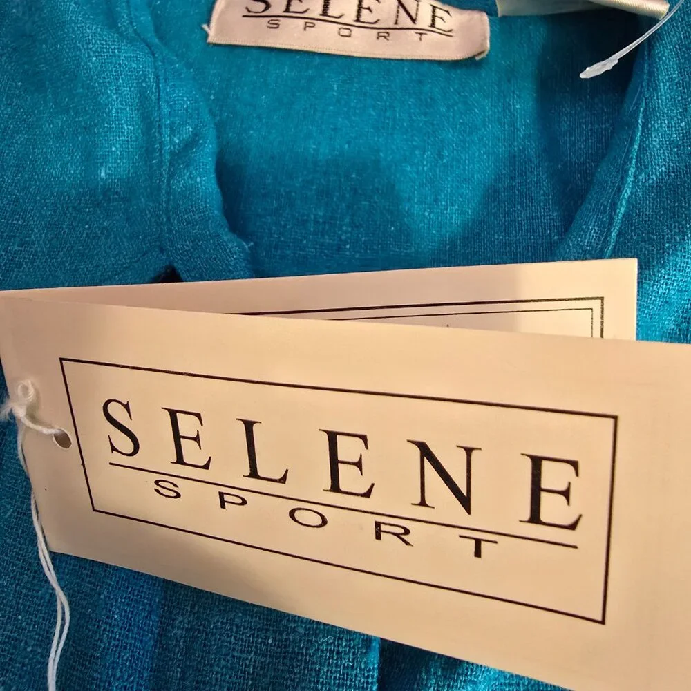 Shirt Women's Turquoise Sleeveless Silk Button Collar Selene Sport Med 1990s NWT - Picture 9 of 11